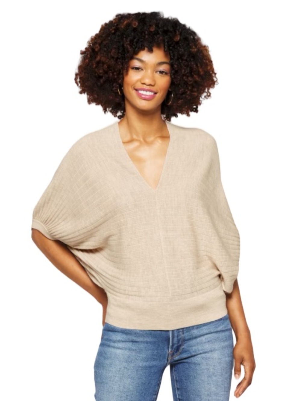 Club Monaco Beige Batwing V-Neck Sweater - Picture 2 of 9